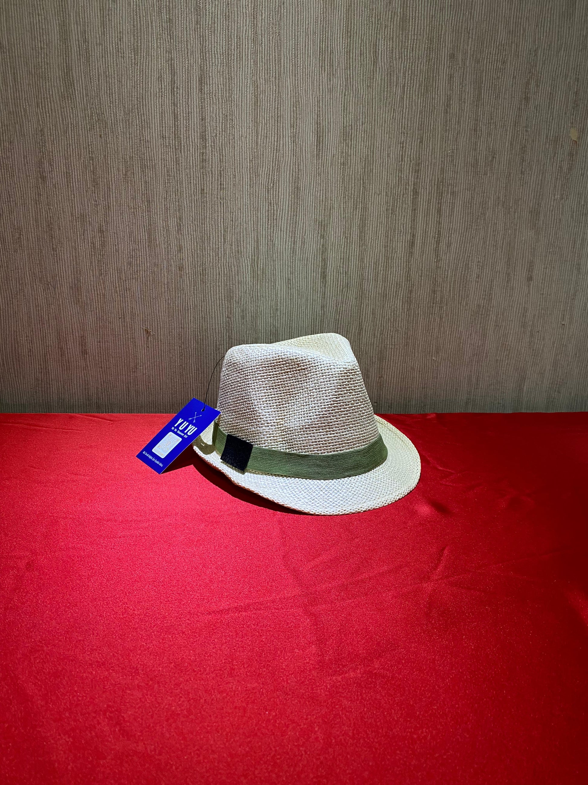 Çocuk Yazlık Hasır Şapka – Yeşil Şeritli Krem Fedora
